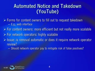 Slide 4


                 Automated Notice and Takedown
                          (YouTube)
     Forms for content owner...