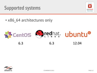 ©	
  MIRANTIS	
  2013	
   PAGE	
  12	
  
Supported systems
• x86_64 architectures only
6.3	
   6.3	
   12.04	
  
 