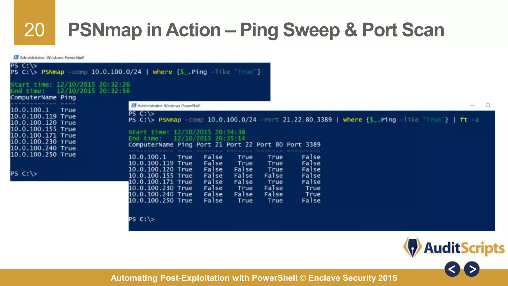 20
Automating Post-Exploitation with PowerShell © Enclave Security 2015
PSNmap in Action – Ping Sweep & Port Scan
 