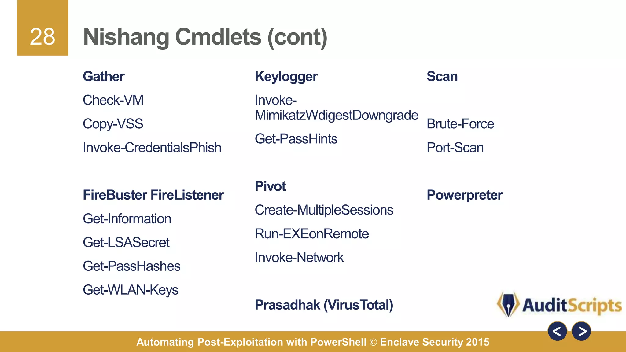 28
Automating Post-Exploitation with PowerShell © Enclave Security 2015
Nishang Cmdlets (cont)
Keylogger
Invoke-
MimikatzWdigestDowngrade
Get-PassHints
Pivot
Create-MultipleSessions
Run-EXEonRemote
Invoke-Network
Prasadhak (VirusTotal)
Gather
Check-VM
Copy-VSS
Invoke-CredentialsPhish
FireBuster FireListener
Get-Information
Get-LSASecret
Get-PassHashes
Get-WLAN-Keys
Scan
Brute-Force
Port-Scan
Powerpreter
 