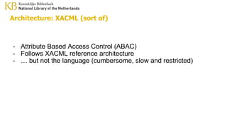 Architecture: XACML (sort of)
- Attribute Based Access Control (ABAC)
- Follows XACML reference architecture
- … but not the language (cumbersome, slow and restricted)
 