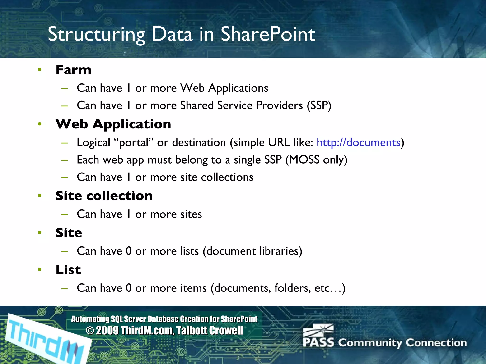 Structuring Data in SharePoint Farm  Can have 1 or more Web Applications Can have 1 or more Shared Service Providers (SSP) Web Application Logical “portal” or destination (simple URL like:  http://documents ) Each web app must belong to a single SSP (MOSS only)  Can have 1 or more site collections Site collection Can have 1 or more sites Site Can have 0 or more lists (document libraries) List Can have 0 or more items (documents, folders, etc…) 