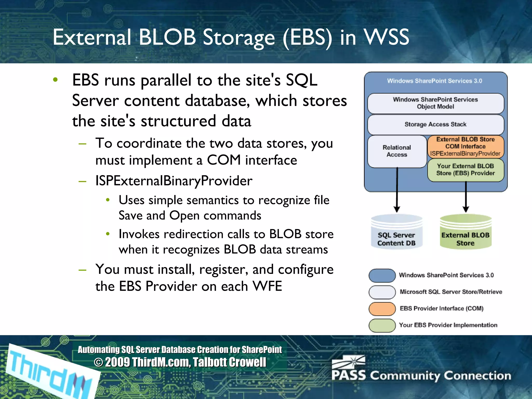 External BLOB Storage (EBS) in WSS EBS runs parallel to the site's SQL Server content database, which stores the site's structured data To coordinate the two data stores, you must implement a COM interface ISPExternalBinaryProvider Uses simple semantics to recognize file Save and Open commands  Invokes redirection calls to BLOB store when it recognizes BLOB data streams You must install, register, and configure the EBS Provider on each WFE 