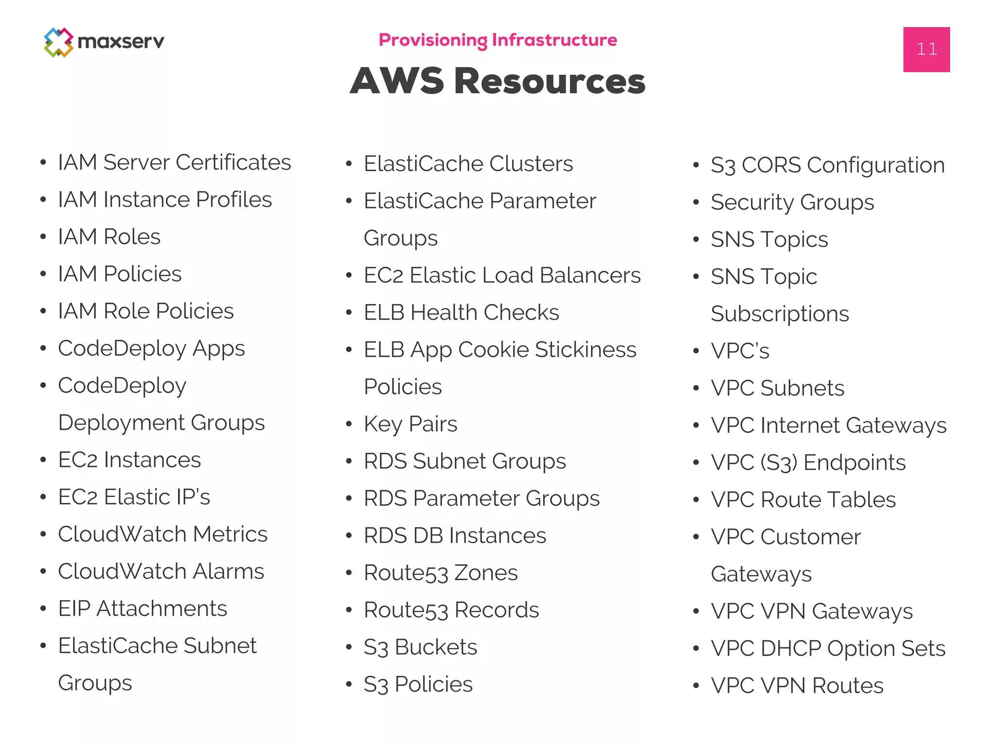 • IAM Server Certificates
• IAM Instance Profiles
• IAM Roles
• IAM Policies
• IAM Role Policies
• CodeDeploy Apps
• CodeDeploy
Deployment Groups
• EC2 Instances
• EC2 Elastic IP’s
• CloudWatch Metrics
• CloudWatch Alarms
• EIP Attachments
• ElastiCache Subnet
Groups
Provisioning Infrastructure
AWS Resources
• ElastiCache Clusters
• ElastiCache Parameter
Groups
• EC2 Elastic Load Balancers
• ELB Health Checks
• ELB App Cookie Stickiness
Policies
• Key Pairs
• RDS Subnet Groups
• RDS Parameter Groups
• RDS DB Instances
• Route53 Zones
• Route53 Records
• S3 Buckets
• S3 Policies
• S3 CORS Configuration
• Security Groups
• SNS Topics
• SNS Topic
Subscriptions
• VPC’s
• VPC Subnets
• VPC Internet Gateways
• VPC (S3) Endpoints
• VPC Route Tables
• VPC Customer
Gateways
• VPC VPN Gateways
• VPC DHCP Option Sets
• VPC VPN Routes
11
 