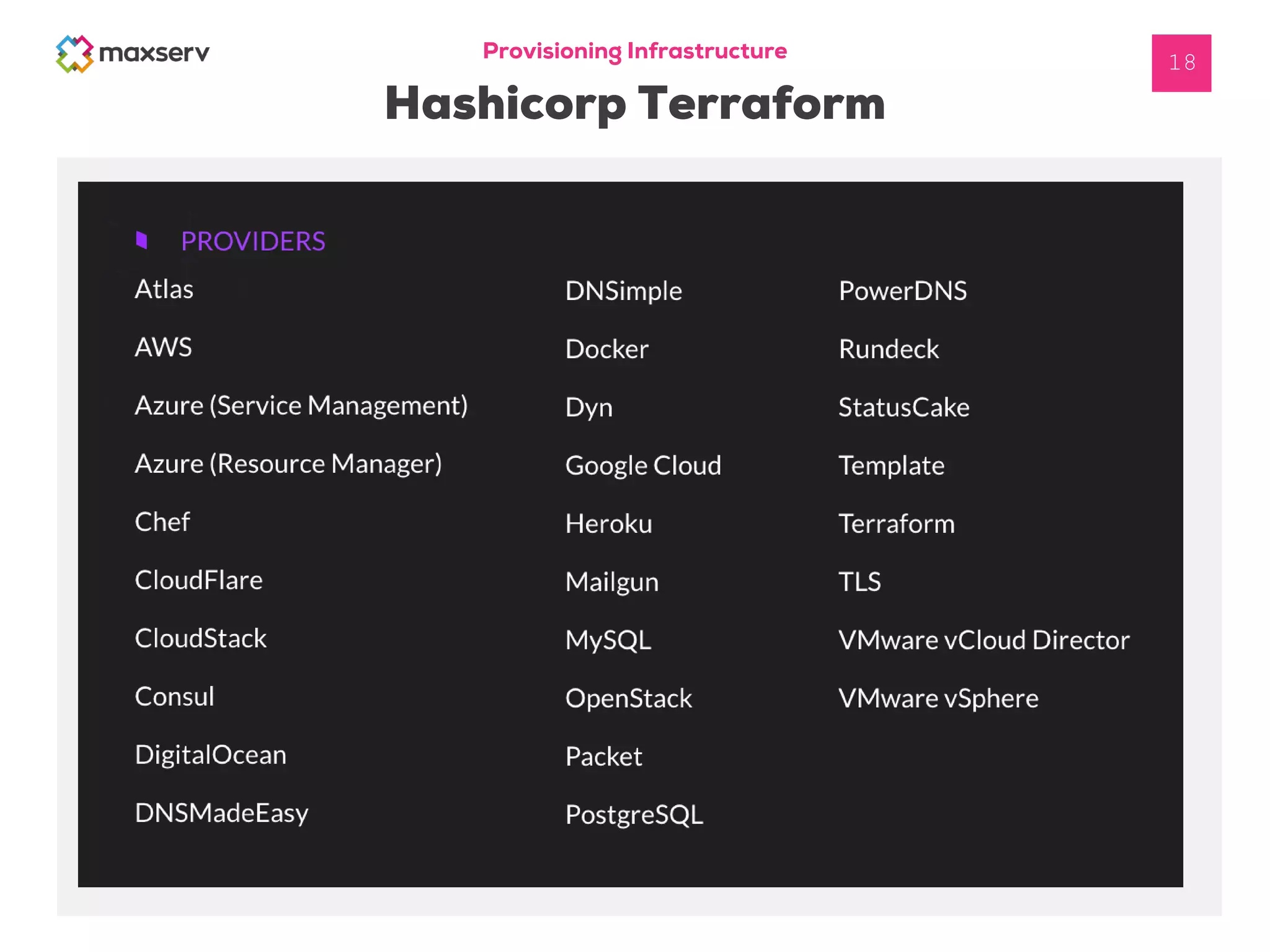 Provisioning Infrastructure
Hashicorp Terraform
18
 
