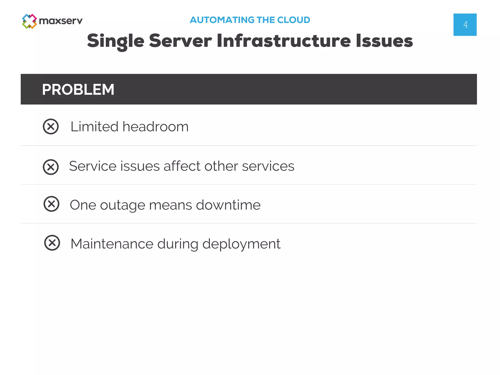 AUTOMATING THE CLOUD
Single Server Infrastructure Issues
PROBLEM
Limited headroom
Service issues affect other services
One outage means downtime
Maintenance during deployment
4
 