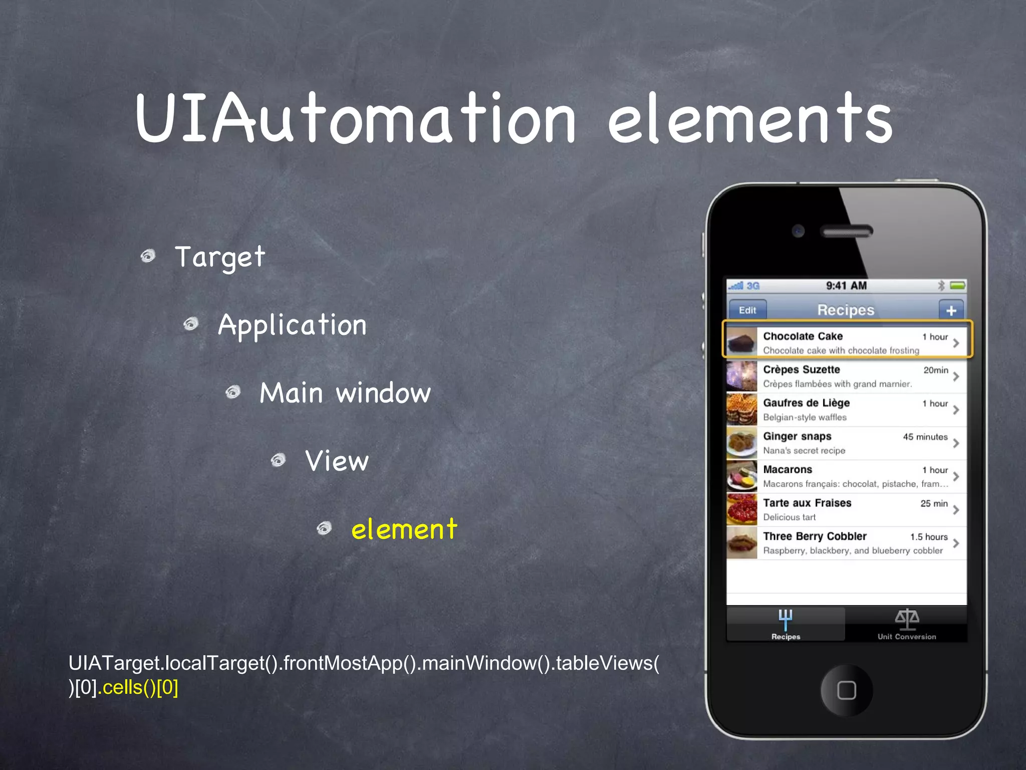UIAutomation elements Target Application Main window View element UIATarget.localTarget().frontMostApp().mainWindow().tableViews()[0] .cells()[0] 