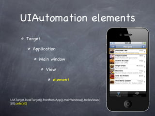 UIAutomation elements Target Application Main window View element UIATarget.localTarget().frontMostApp().mainWindow().tableViews()[0] .cells()[0] 