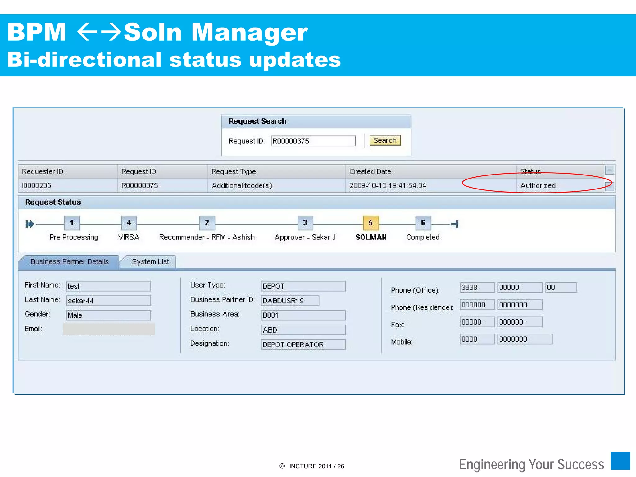 BPM Soln Manager
Bi-directional status updates




                        INCTURE 2011 / 26   Engineering Your Success
 
