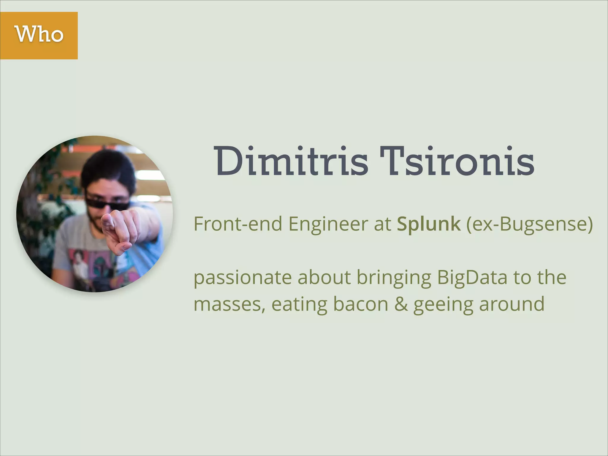 Who

Dimitris Tsironis
Front-end Engineer at Splunk (ex-Bugsense)
!

passionate about bringing BigData to the
masses, eating bacon & geeing around

 