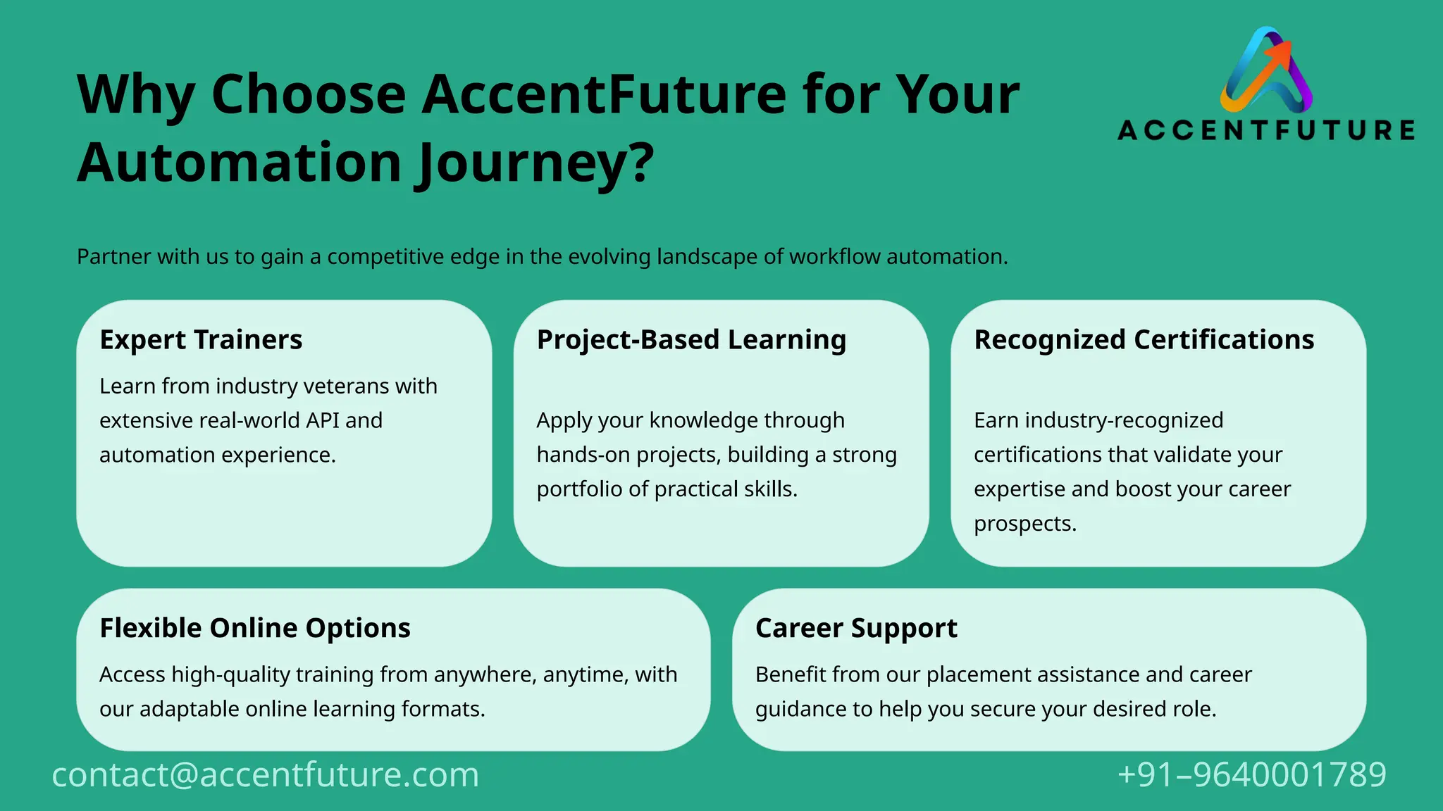 Why Choose AccentFuture for Your
Automation Journey?
Partner with us to gain a competitive edge in the evolving landscape of workflow automation.
Expert Trainers
Learn from industry veterans with
extensive real-world API and
automation experience.
Project-Based Learning
Apply your knowledge through
hands-on projects, building a strong
portfolio of practical skills.
Recognized Certifications
Earn industry-recognized
certifications that validate your
expertise and boost your career
prospects.
Flexible Online Options
Access high-quality training from anywhere, anytime, with
our adaptable online learning formats.
Career Support
Benefit from our placement assistance and career
guidance to help you secure your desired role.
+91–9640001789
contact@accentfuture.com
 