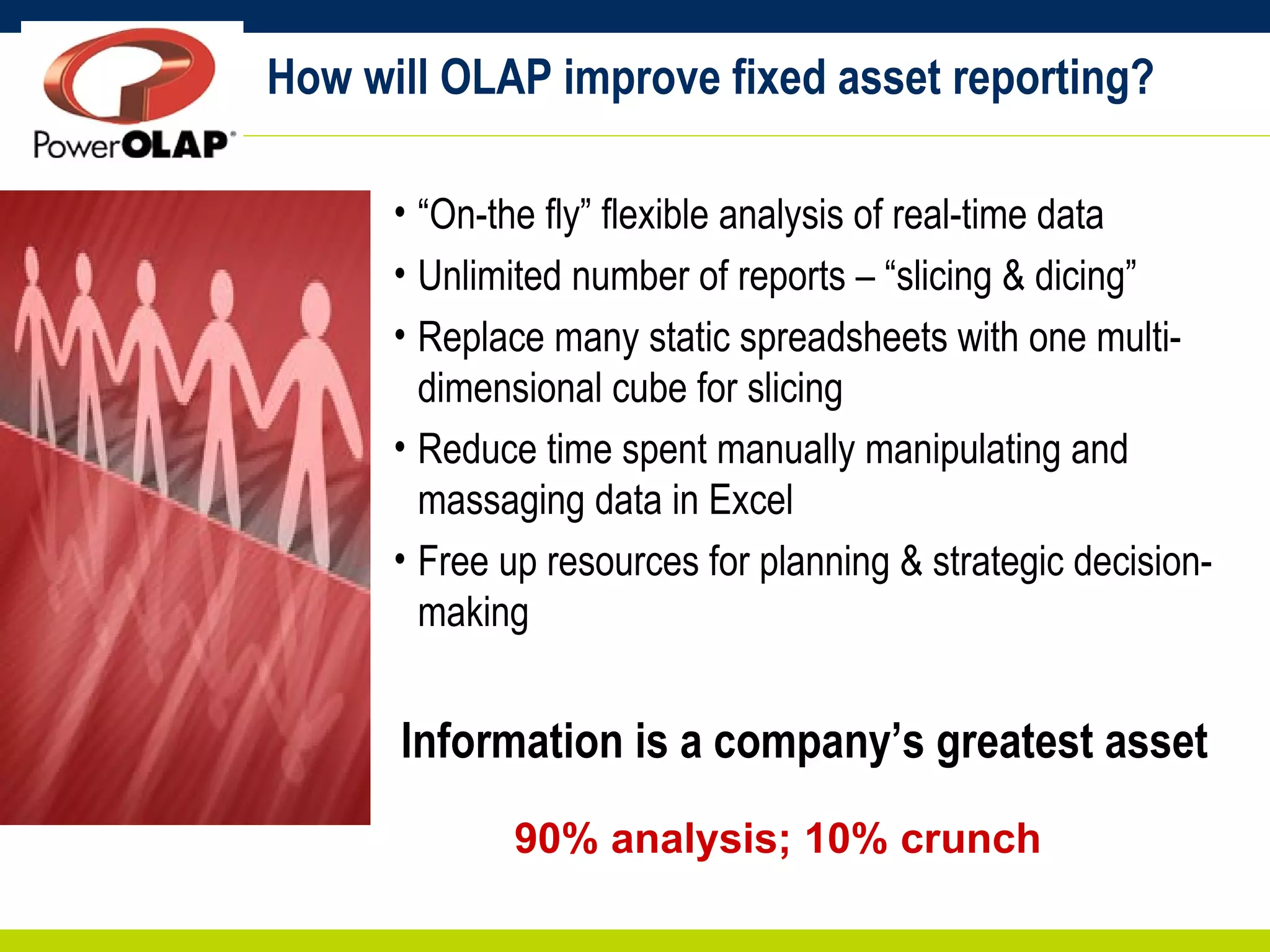 How will OLAP improve fixed asset reporting? “ On-the fly” flexible analysis of real-time data Unlimited number of reports – “slicing & dicing” Replace many static spreadsheets with one multi-dimensional cube for slicing Reduce time spent manually manipulating and massaging data in Excel Free up resources for planning & strategic decision-making Information is a company’s greatest asset 90% analysis; 10% crunch 