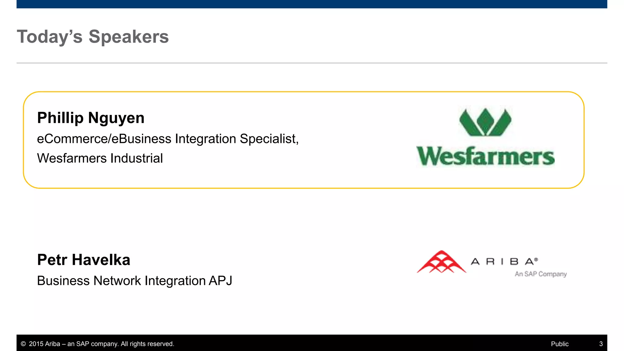 © 2015 Ariba – an SAP company. All rights reserved. 3Public
Today’s Speakers
Phillip Nguyen
eCommerce/eBusiness Integration Specialist,
Wesfarmers Industrial
Petr Havelka
Business Network Integration APJ
 