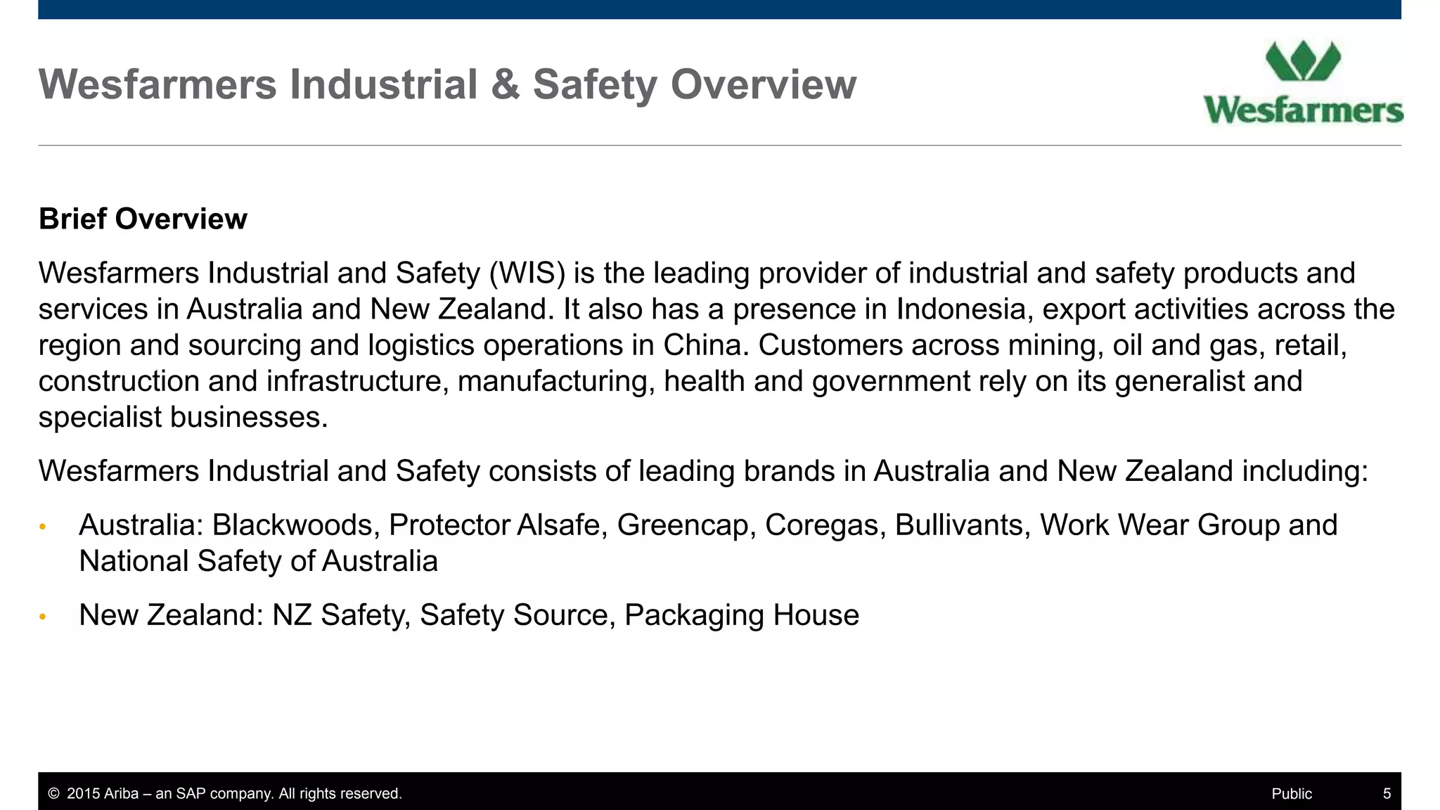 © 2015 Ariba – an SAP company. All rights reserved. 5Public
Wesfarmers Industrial & Safety Overview
Brief Overview
Wesfarmers Industrial and Safety (WIS) is the leading provider of industrial and safety products and
services in Australia and New Zealand. It also has a presence in Indonesia, export activities across the
region and sourcing and logistics operations in China. Customers across mining, oil and gas, retail,
construction and infrastructure, manufacturing, health and government rely on its generalist and
specialist businesses.
Wesfarmers Industrial and Safety consists of leading brands in Australia and New Zealand including:
• Australia: Blackwoods, Protector Alsafe, Greencap, Coregas, Bullivants, Work Wear Group and
National Safety of Australia
• New Zealand: NZ Safety, Safety Source, Packaging House
 