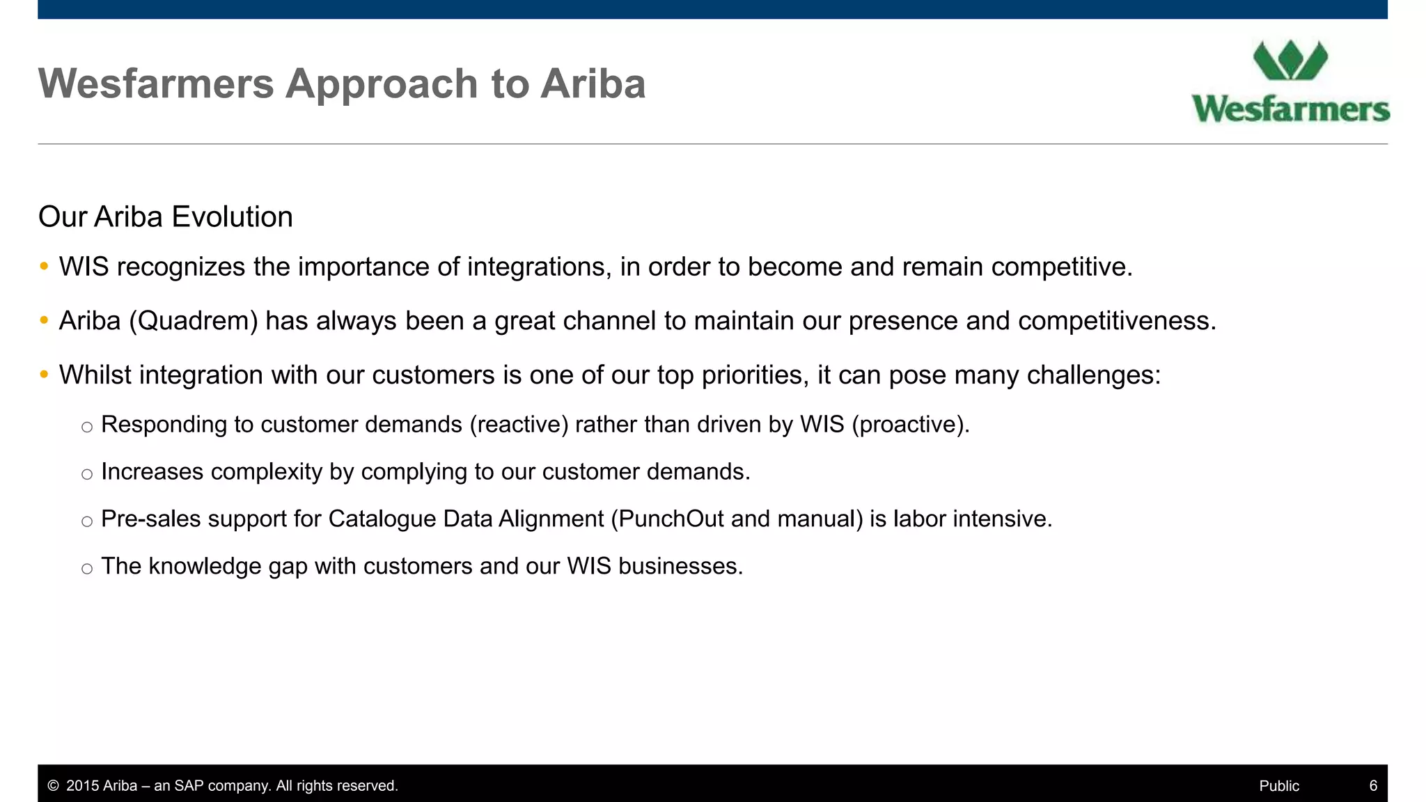 © 2015 Ariba – an SAP company. All rights reserved. 6Public
Wesfarmers Approach to Ariba
Our Ariba Evolution
 WIS recognizes the importance of integrations, in order to become and remain competitive.
 Ariba (Quadrem) has always been a great channel to maintain our presence and competitiveness.
 Whilst integration with our customers is one of our top priorities, it can pose many challenges:
o Responding to customer demands (reactive) rather than driven by WIS (proactive).
o Increases complexity by complying to our customer demands.
o Pre-sales support for Catalogue Data Alignment (PunchOut and manual) is labor intensive.
o The knowledge gap with customers and our WIS businesses.
 