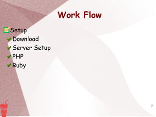 5
Work Flow
Setup
Download
Server Setup
PHP
Ruby
 