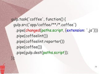 58
gulp.task('coffee', function() {
gulp.src('app/coffee/**/*.coffee')
.pipe(changed(paths.script, {extension: '.js'}))
.pipe(coffeelint())
.pipe(coffeelint.reporter())
.pipe(coffee())
.pipe(gulp.dest(paths.script));
});
 
