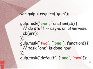 60
var gulp = require('gulp');
gulp.task('one', function(cb) {
// do stuff -- async or otherwise
cb(err);
});
gulp.task('two', ['one'], function() {
// task 'one' is done now
});
gulp.task('default', ['one', 'two']);
 