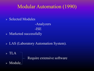 Modular Automation (1990)
 Selected Modules
-Analyzers
-ISE
 Marketed successfully
 LAS (Laboratory Automation System).
 TLA
Require extensive software
 Module.
 