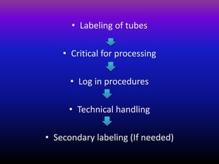 • Labeling of tubes
• Critical for processing
• Log in procedures
• Technical handling
• Secondary labeling (If needed)
 