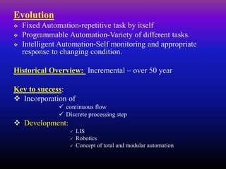 Evolution
 Fixed Automation-repetitive task by itself
 Programmable Automation-Variety of different tasks.
 Intelligent Automation-Self monitoring and appropriate
response to changing condition.
Historical Overview: Incremental – over 50 year
Key to success:
 Incorporation of
 continuous flow
 Discrete processing step
 Development:
 LIS
 Robotics
 Concept of total and modular automation
 