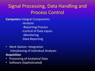 Signal Processing, Data Handling and
Process Control
Computers-Integral Components
-Analysis
-Reporting Process
-Control of Data inputs
-Monitoring
-Data Reporting
• Work Station- Integration
Interphasing of individual Analyzer.
Acquisition
• Processing of Analytical Data
• Software (Sophisticated)
 