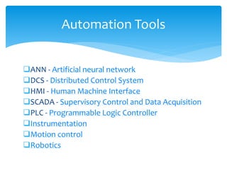 ANN - Artificial neural network
DCS - Distributed Control System
HMI - Human Machine Interface
SCADA - Supervisory Control and Data Acquisition
PLC - Programmable Logic Controller
Instrumentation
Motion control
Robotics
Automation Tools
 