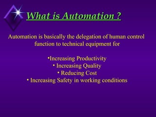 What is Automation ?What is Automation ?
Automation is basically the delegation of human control
function to technical equipment for
•Increasing Productivity
• Increasing Quality
• Reducing Cost
• Increasing Safety in working conditions
 
