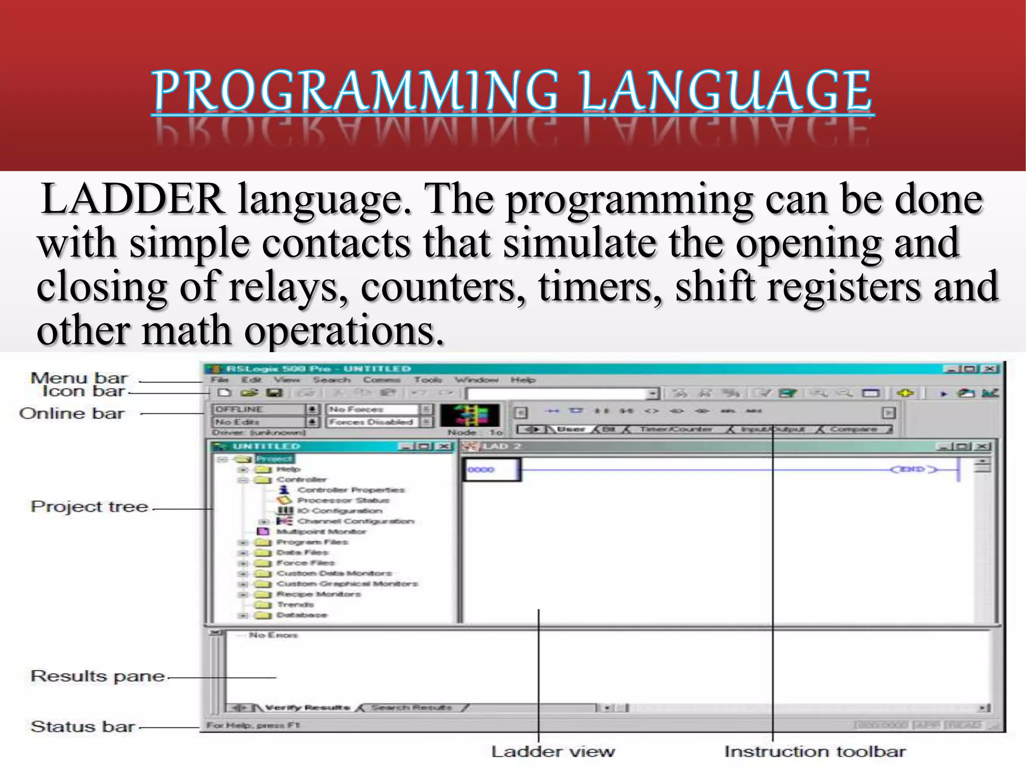 LADDER language. The programming can be done
with simple contacts that simulate the opening and
closing of relays, counters, timers, shift registers and
other math operations.
 