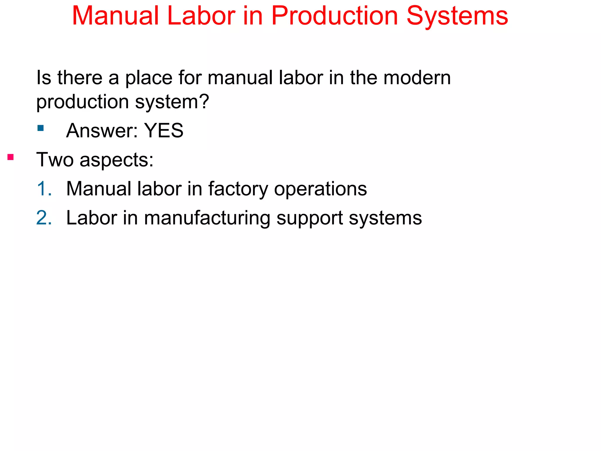 Manual Labor in Production Systems
Is there a place for manual labor in the modern
production system?
 Answer: YES
 Two aspects:
1. Manual labor in factory operations
2. Labor in manufacturing support systems
 