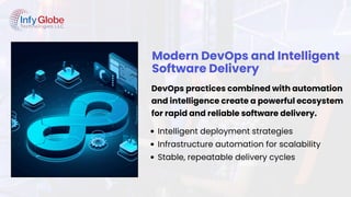 Modern DevOps and Intelligent
Software Delivery
DevOps practices combined with automation
and intelligence create a powerful ecosystem
for rapid and reliable software delivery.
Intelligent deployment strategies
Infrastructure automation for scalability
Stable, repeatable delivery cycles
 