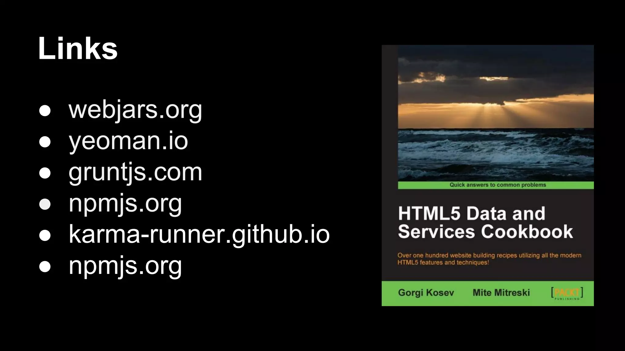 Links
●
●
●
●
●
●

webjars.org
yeoman.io
gruntjs.com
npmjs.org
karma-runner.github.io
npmjs.org

 