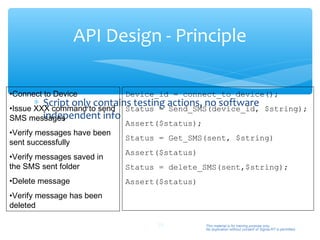 API Design - Principle

•Connect to Device         Device_id = connect_to_device();
      ∗ Script only contains testing actions, no software
•Issue XXX command to send Status = Send_SMS(device_id, $string);
         independent info
SMS messages
                           Assert($status);
•Verify messages have been
                           Status = Get_SMS(sent, $string)
sent successfully
                           Assert($status)
•Verify messages saved in
the SMS sent folder        Status = delete_SMS(sent,$string);
•Delete message            Assert($status)
•Verify message has been
deleted

                                  23         This material is for training purpose only.
                                             No duplication without consent of Sigma-RT is permitted.
 