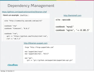 Dependency Management
https://github.com/applicationsonline/librarian-chef
http://berkshelf.com

http://librarian-puppet.com

cloudbau
Samstag, 16. November 13

 