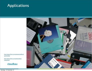 Applications

http://www.flickr.com/photos/steffenz/
337700069/
http://www.flickr.com/photos/kky/
704056791/

cloudbau
Samstag, 16. November 13

 