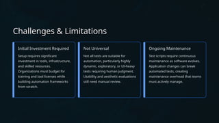 Challenges & Limitations
Initial Investment Required
Setup requires significant
investment in tools, infrastructure,
and skilled resources.
Organizations must budget for
training and tool licenses while
building automation frameworks
from scratch.
Not Universal
Not all tests are suitable for
automation, particularly highly
dynamic, exploratory, or UI-heavy
tests requiring human judgment.
Usability and aesthetic evaluations
still need manual review.
Ongoing Maintenance
Test scripts require continuous
maintenance as software evolves.
Application changes can break
automated tests, creating
maintenance overhead that teams
must actively manage.
 