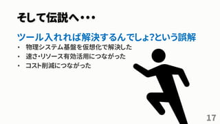 そして伝説へ・・・
ツール入れれば解決するんでしょ？という誤解
• 物理システム基盤を仮想化で解決した
• 速さ・リソース有効活用につながった
• コスト削減につながった
17
 