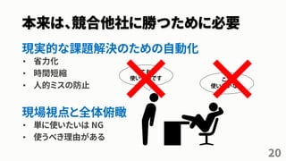 本来は、競合他社に勝つために必要
現実的な課題解決のための自動化
• 省力化
• 時間短縮
• 人的ミスの防止
現場視点と全体俯瞰
• 単に使いたいは NG
• 使うべき理由がある
20
 