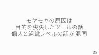25
モヤモヤの原因は
目的を喪失したツールの話
個人と組織レベルの話が混同
 