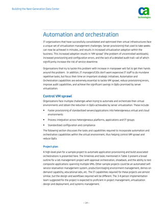 Building the Next-Generation Data Center




                          Automation and orchestration
                          IT organizations that have successfully consolidated and optimized their virtual infrastructures face
                          a unique set of virtualization management challenges. Server provisioning that used to take weeks
                          can now be achieved in minutes, and results in increased virtualization adoption within the
                          business. This increased adoption results in 'VM sprawl’ (the problem of uncontrolled workloads),
                          increased provisioning and configuration errors, and the lack of a detailed audit trail—all of which
                          significantly increase the risk of service downtime.

                          Organizations that try to tackle this problem with increase in manpower will fail to get their hands
                          around the problem. In addition, IT managers/CIOs don't want expensive IT staff to do mundane
                          repetitive tasks, but focus their time on important strategic initiatives. Automation and
                          Orchestration capabilities are extremely essential to tackle VM sprawl, reduce provisioning errors,
                          improve audit capabilities, and achieve the significant savings in OpEx promised by server
                          virtualization.

                          Control VM sprawl
                          Organizations face multiple challenges when trying to automate and orchestrate their virtual
                          environments and obtain the reduction in OpEx achievable by server virtualization. These include:
                              Faster provisioning of standardized servers/applications into heterogeneous virtual and cloud
                              environments
                              Process integration across heterogeneous platforms, applications and IT groups
                              Standardized configuration and compliance
                          The following section discusses the tasks and capabilities required to incorporate automation and
                          orchestration capabilities within the virtual environment, thus helping control VM sprawl and
                          reduce OpEx.

                          Project plan
                          A high-level plan for a sample project to automate application provisioning and build associated
                          orchestrations is presented here. The timelines and tasks mentioned in Table 3 present a broad
                          outline for a lab management project with approval orchestration, showback, and the ability to test
                          composite applications spanning multiple VMs. Other sample projects could be an automated self-
                          service reservation management system, production/staging environment management, demos on
                          demand capability, educational labs, etc. The IT capabilities required for these projects are almost
                          similar, but the design and workflows required will be different. The 3-4 person implementation
                          team suggested for the project is expected to proficient in project management, virtualization
                          design and deployment, and systems management.




                                                               – 14 –
 
