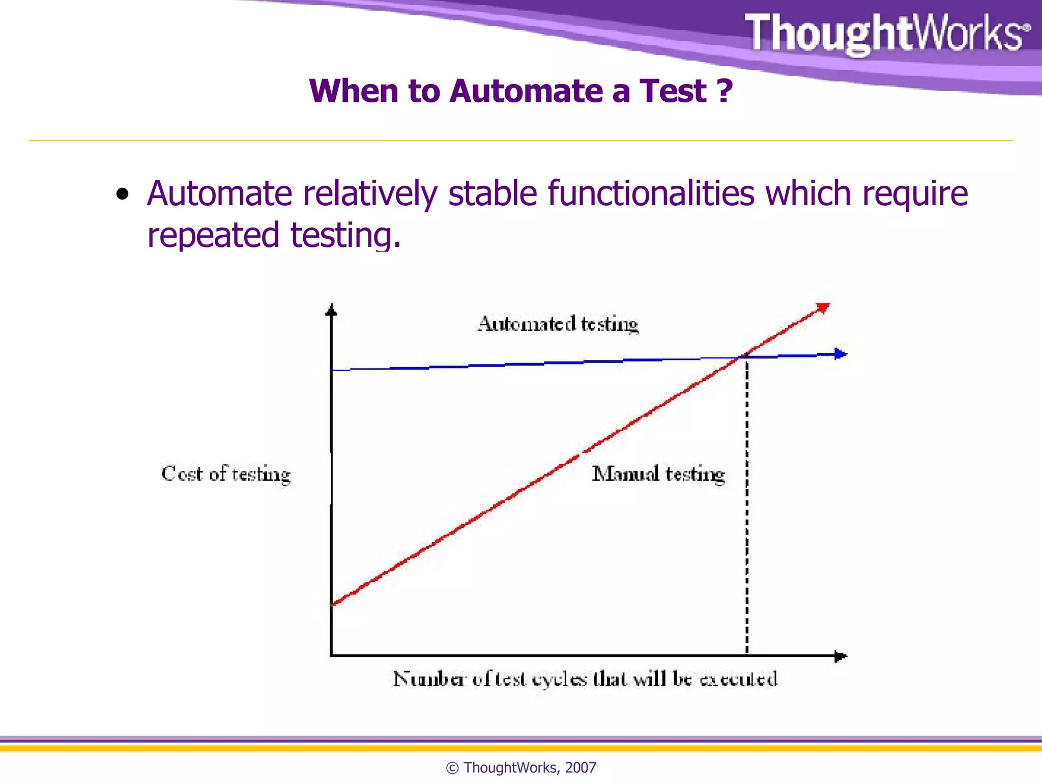 When to Automate a Test ? Automate relatively stable functionalities which require repeated testing.