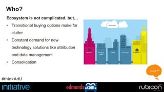Who? 
Ecosystem is not complicated, but… 
• Transitional buying options make for 
clutter 
• Constant demand for new 
technology solutions like attribution 
and data management 
• Consolidation 
#thinkAdU 
 
