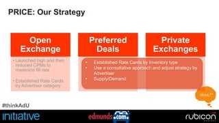PRICE: Our Strategy 
Open 
Exchange 
• Launched high and then 
reduced CPMs to 
maximize fill rate 
• Established Rate Cards 
by Advertiser category 
Preferred 
Deals 
Private 
Exchanges 
• Established Rate Cards by Inventory type 
• Use a consultative approach and adjust strategy by 
Advertiser 
• Supply/Demand 
#thinkAdU 
 