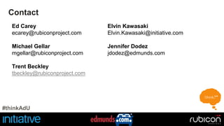 Contact 
Ed Carey 
ecarey@rubiconproject.com 
Michael Gellar 
mgellar@rubiconproject.com 
Trent Beckley 
tbeckley@rubiconproject.com 
#thinkAdU 
Elvin Kawasaki 
Elvin.Kawasaki@initiative.com 
Jennifer Dodez 
jdodez@edmunds.com 
