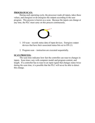 PROGRAM SCAN:
During each operating cycle, the processor reads all inputs, takes these
values, and energizes or de-energizes the outputs according to the user
program. This process is known as a scan. Because the inputs can change at
any time, the PLC must carry on this process continuously.
1. I/O scan – records status data of input devices. Energizes output
devices that have their associated status bits set to ON (1)
2. Program scan – instruction are executed sequentially.
SCAN PROCESS:
The scan time indicates how fast the controller can react to changes in
inputs. Scan times vary with computer model and program content, and
length. If a controller has to react to an input signal that changes states twice
during the scan time, it is possible that the PLC will never be able to detect
this change.
 
