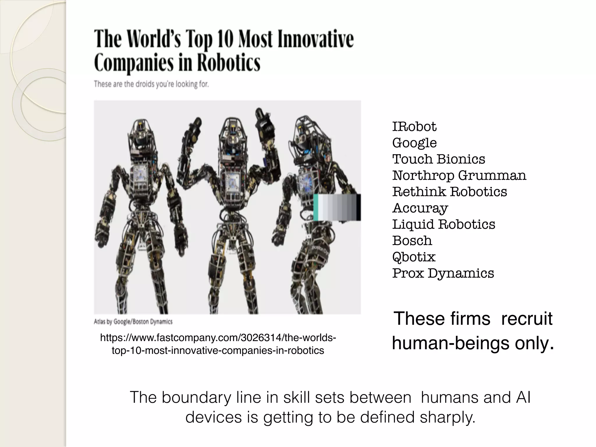 IRobot
Google
Touch Bionics
Northrop Grumman
Rethink Robotics
Accuray
Liquid Robotics
Bosch
Qbotix
Prox Dynamics
https://www.fastcompany.com/3026314/the-worlds-
top-10-most-innovative-companies-in-robotics
These firms recruit
human-beings only.
The boundary line in skill sets between humans and AI
devices is getting to be defined sharply.
 