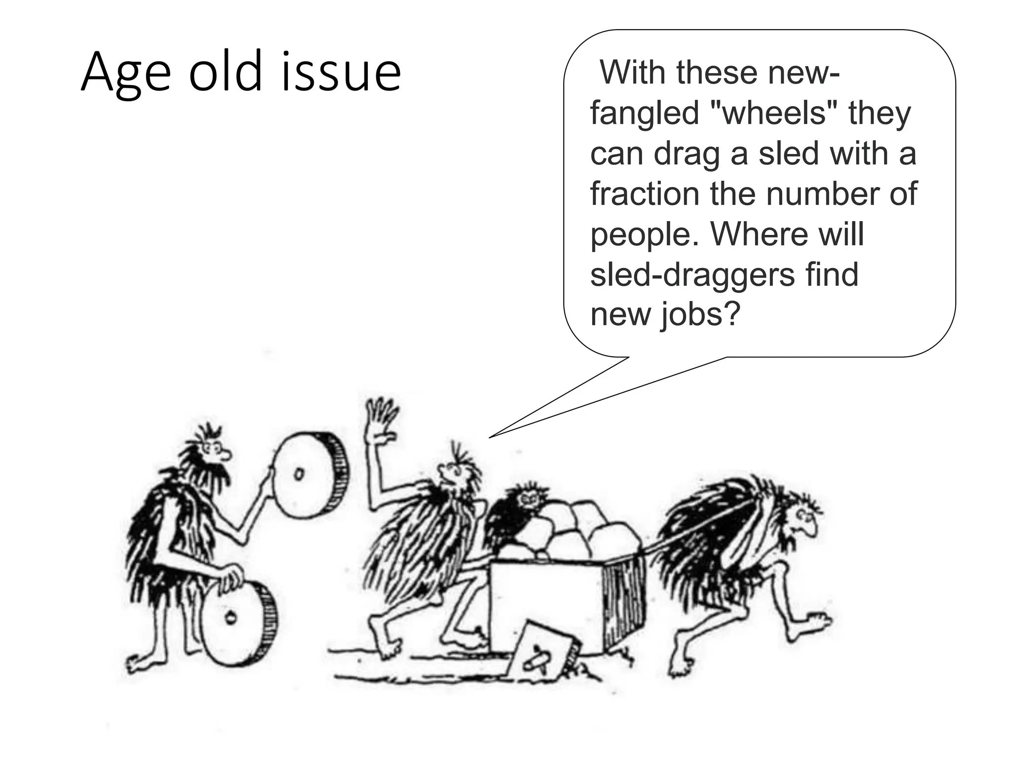 Age old issue With these new-
fangled "wheels" they
can drag a sled with a
fraction the number of
people. Where will
sled-draggers find
new jobs?
 