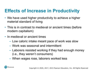 Copyright © 2020, 2017, 2015 Pearson Education, Inc. All Rights Reserved
• We have used higher productivity to achieve a higher
material standard of living
• This is in contrast to medieval or ancient times (before
modern capitalism)
• In medieval or ancient times
– Low caloric intake meant pace of work was slow
– Work was seasonal and intermittent
– Laborers resisted working if they had enough money
(i.e., they weren’t consumers)
– When wages rose, laborers worked less
Effects of Increase in Productivity
 