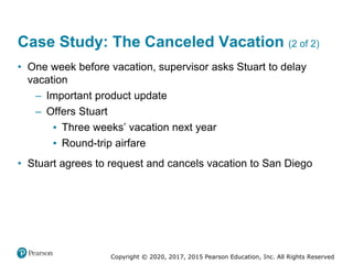 Copyright © 2020, 2017, 2015 Pearson Education, Inc. All Rights Reserved
• One week before vacation, supervisor asks Stuart to delay
vacation
– Important product update
– Offers Stuart
▪ Three weeks’ vacation next year
▪ Round-trip airfare
• Stuart agrees to request and cancels vacation to San Diego
Case Study: The Canceled Vacation (2 of 2)
 