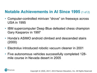 Copyright © 2020, 2017, 2015 Pearson Education, Inc. All Rights Reserved
• Computer-controlled minivan “drove” on freeways across
USA in 1995
• IBM supercomputer Deep Blue defeated chess champion
Gary Kasparov in 1997
• Honda’s ASIMO android climbed and descended stairs
(2000)
• Electrolux introduced robotic vacuum cleaner in 2001
• Five autonomous vehicles successfully completed 128-
mile course in Nevada desert in 2005
Notable Achievements in AI Since 1995 (1 of 2)
 